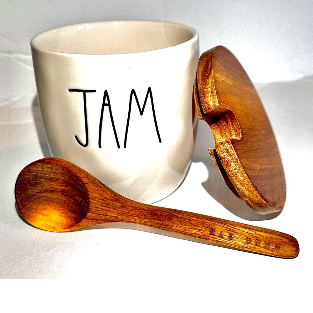 New RAE DUNN Artisan Collection "JAM" Cellar Jar Wood Lid & Spoon By Mag…